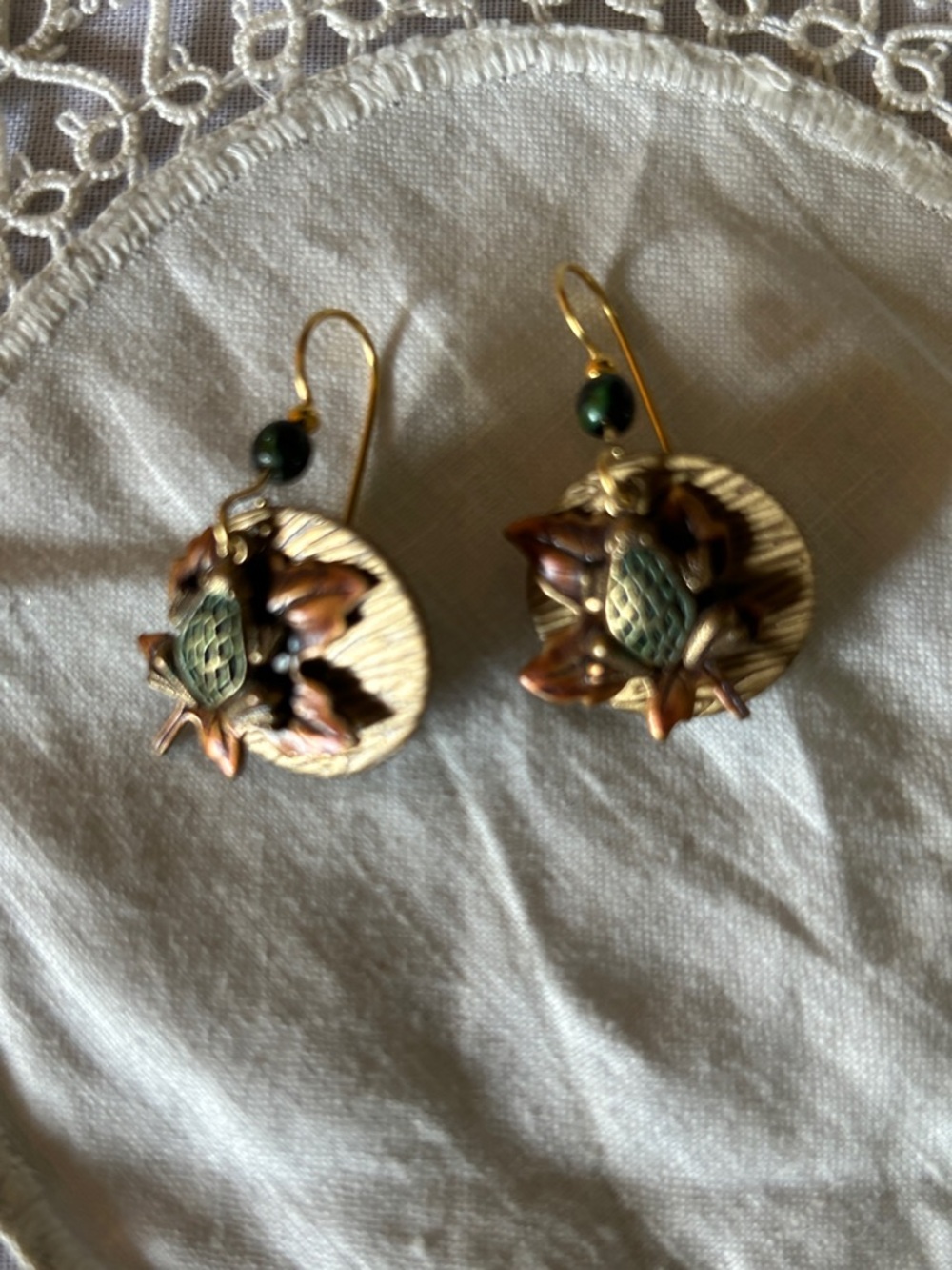 Silver Forest Gold and Green Frog and Floral Drop Earrings